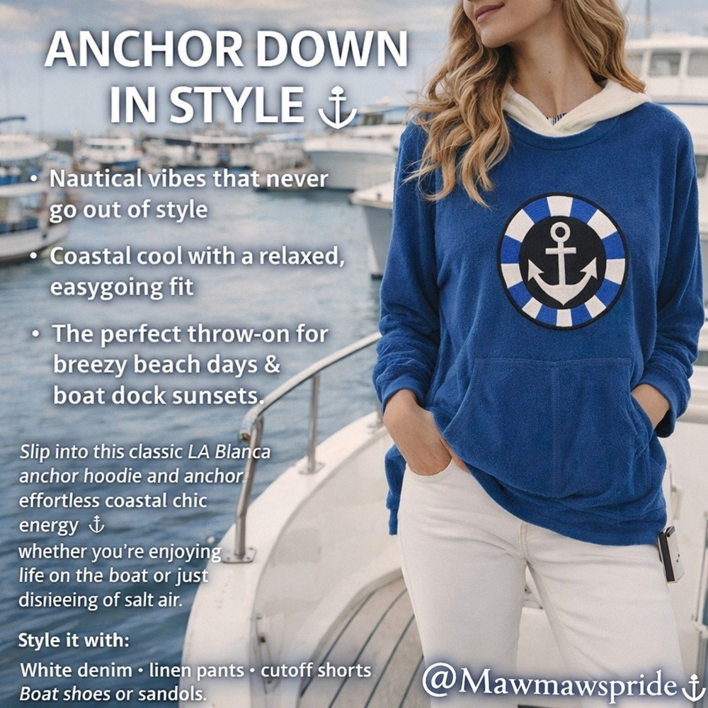 Vintage LA Blanca Anchor Hoodie Blue Nautical Coastal Pullover NWT Small USA
